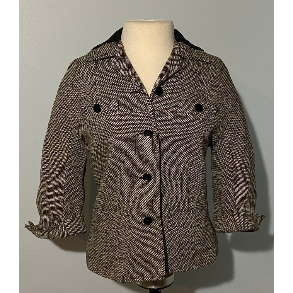 Vtg Arthur Jay S Blk Cream Tweed 3/4 Slv Short Cropped Swing 50s 60s Jacket - Picture 7 of 11